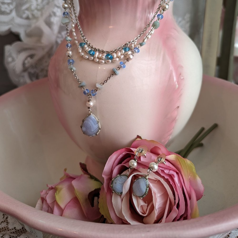Carolee 3 Strand Necklace with matching Drop Earrings